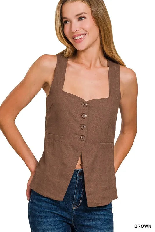 Zenana Vests BROWN / S Zenana Linen Tie-back 4-button Vest with Lining