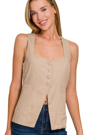 Zenana Vests LT MOCHA / S Zenana Linen Tie-back 4-button Vest with Lining