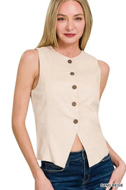 Zenana Vests SAND BEIGE / S Zenana Linen Button Down Vest