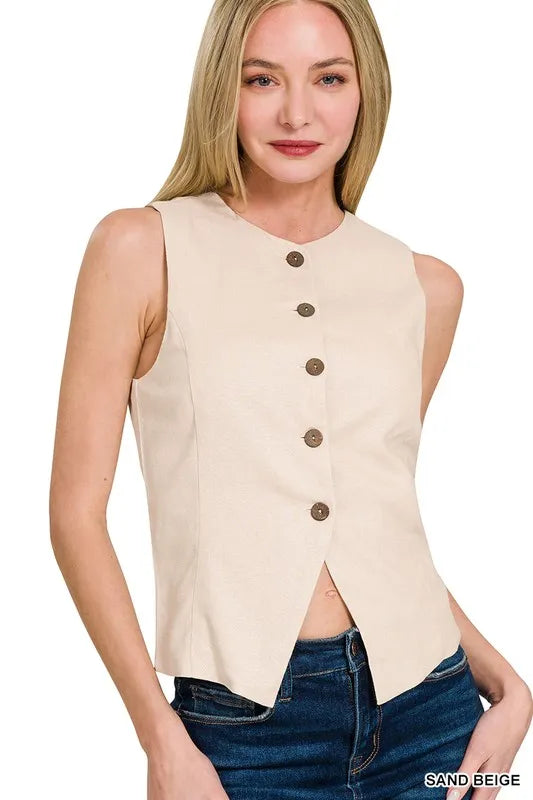 Zenana Vests SAND BEIGE / S Zenana Linen Button Down Vest