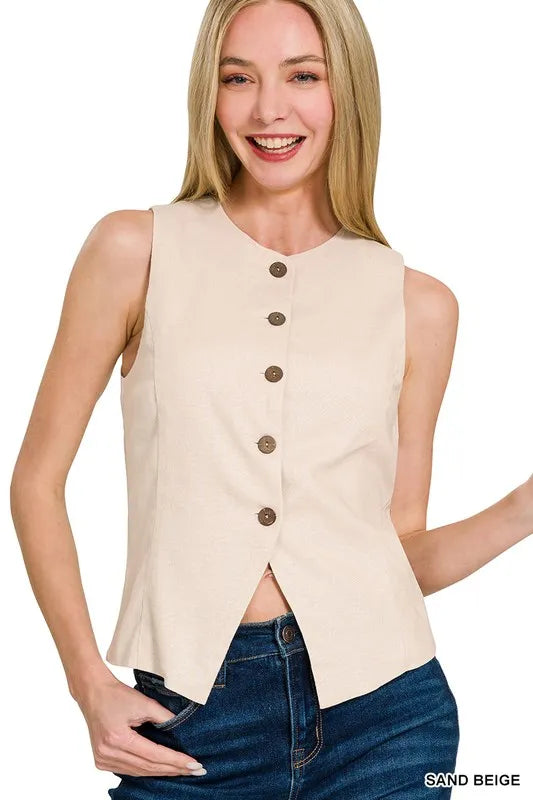 Zenana Vests Zenana Linen Button Down Vest