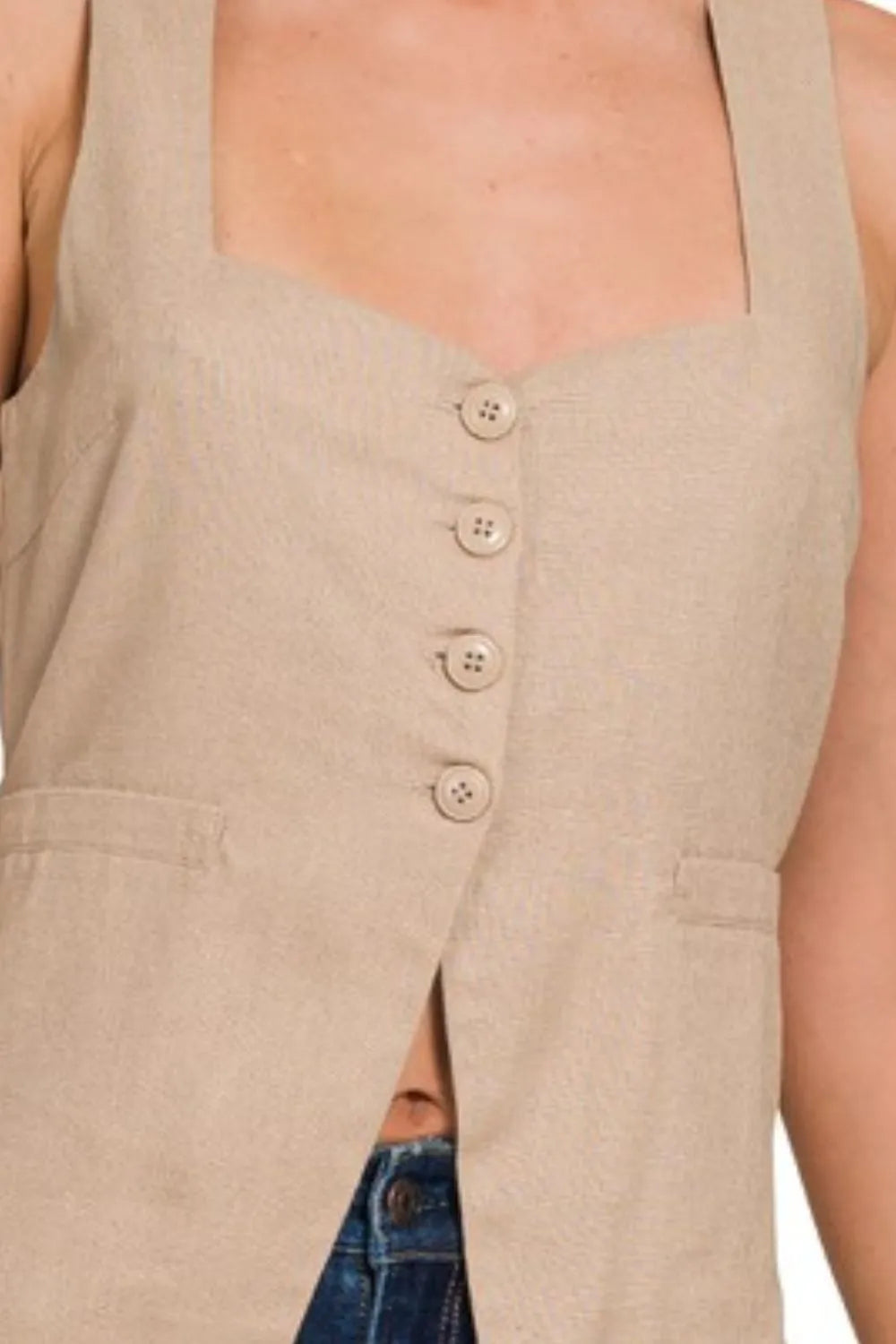 Zenana Vests Zenana Linen Tie-back 4-button Vest with Lining