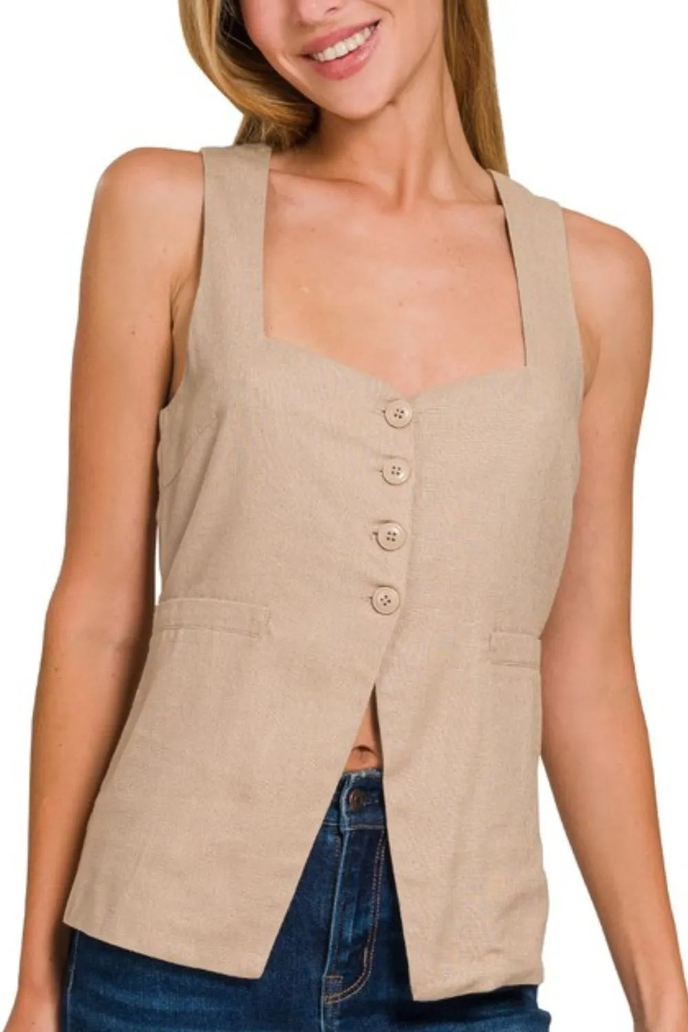 Zenana Vests Zenana Linen Tie-back 4-button Vest with Lining