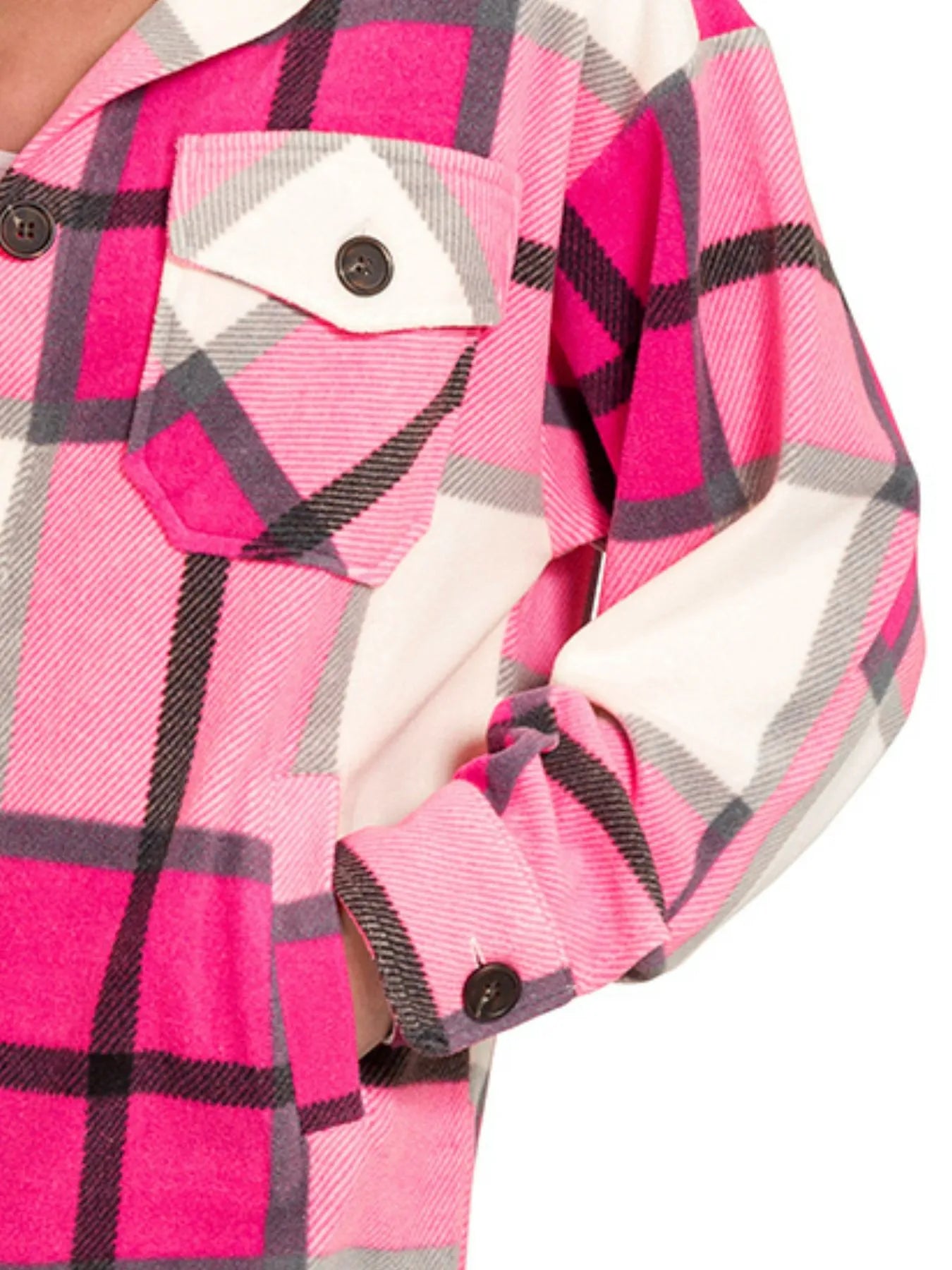 Zenana Women’s Oversized Pink Plaid Fleece Shacket with Pockets