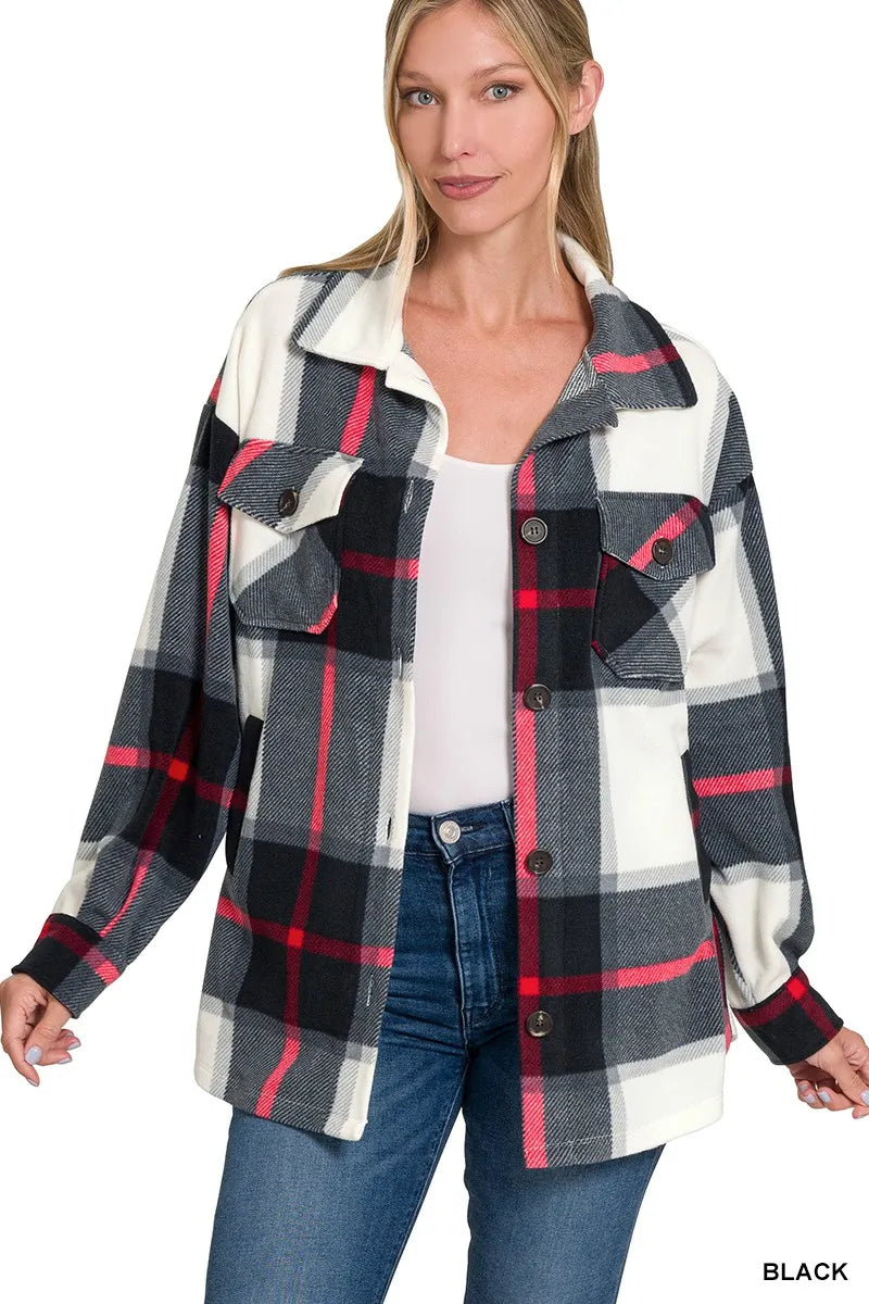 Zenana Women’s Oversized Plaid Fleece Shacket with Pockets