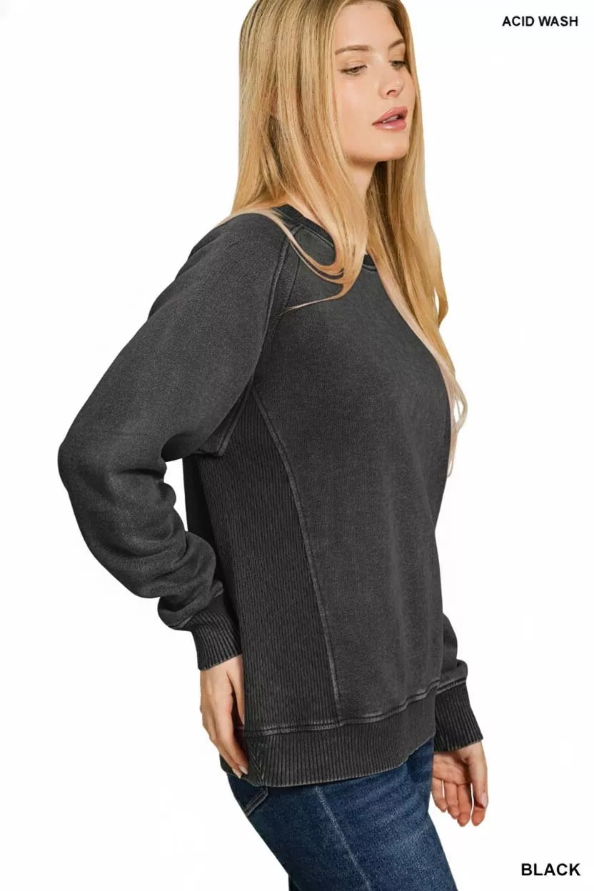 Zenana Zenana Acid Washed Fleece Sweatshirt with Side Rib