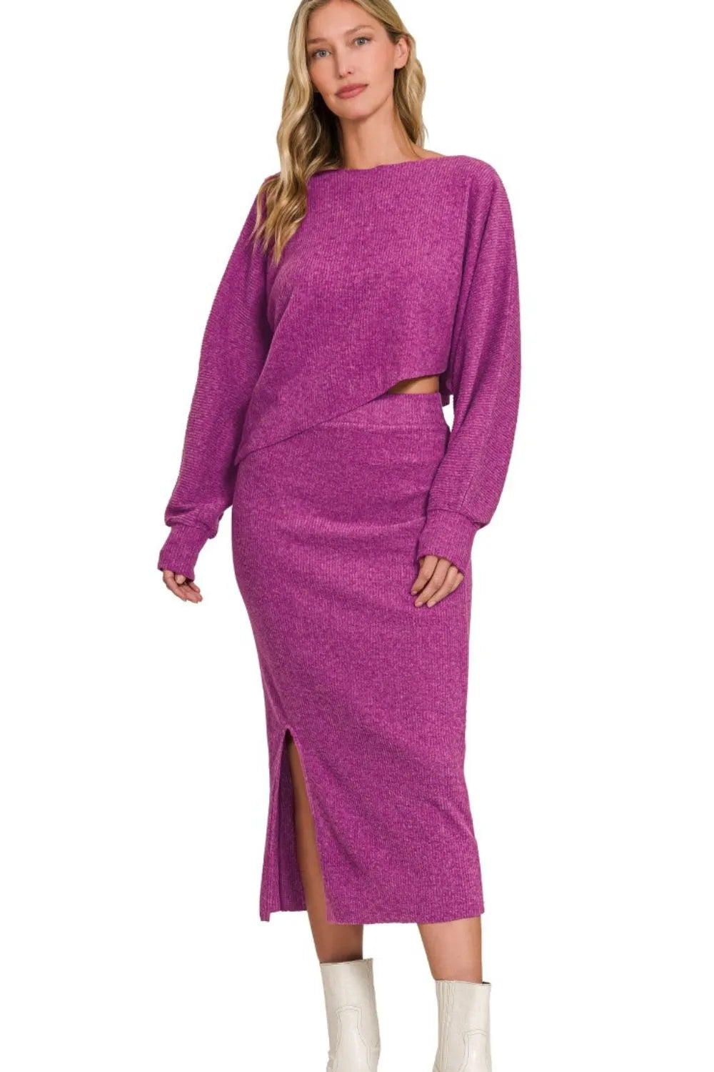 Zenana Zenana Ribbed Asymmetric Hem and Sleeve Top & Skirt Set