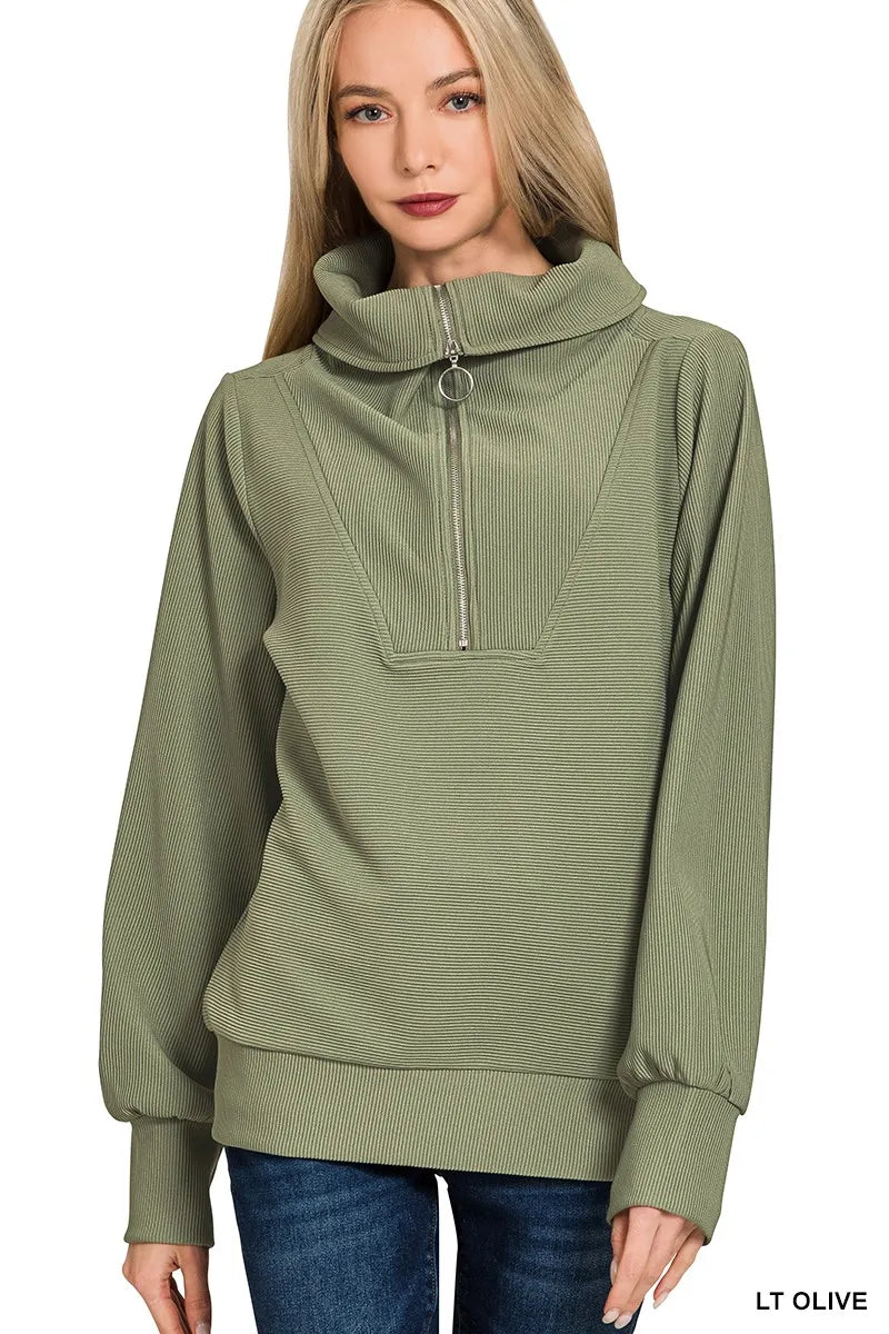 Zenana Zenana Ribbed High Neck Half Zip Pullover & Pants Set