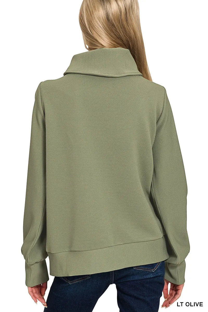 Zenana Zenana Ribbed High Neck Half Zip Pullover & Pants Set