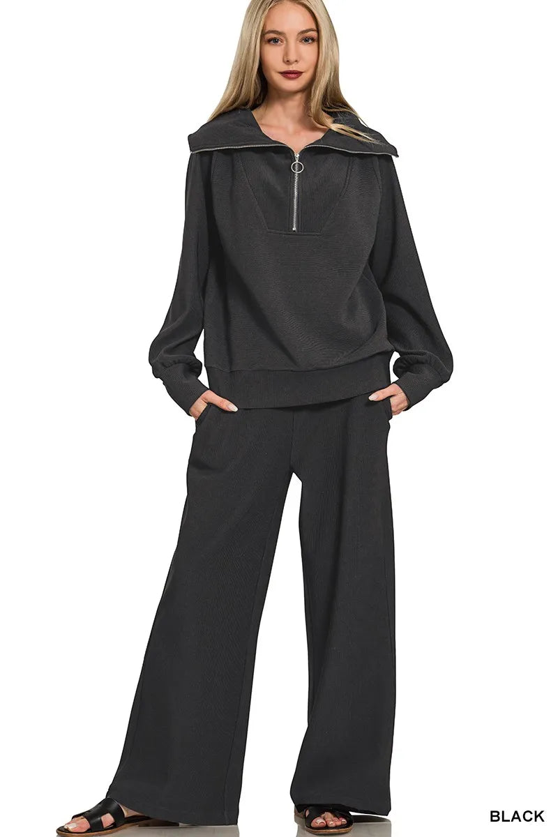 Zenana Zenana Ribbed High Neck Half Zip Pullover & Pants Set