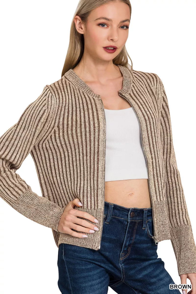 Zenana Zenana Ribbed Two Tone Zip Up Sweater Cardigan