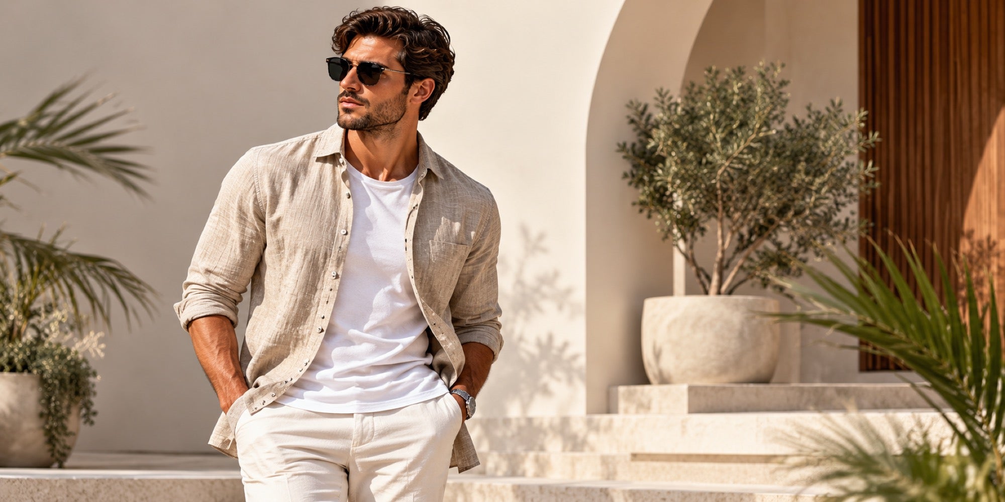 Man in a linen shirt and tailored trousers