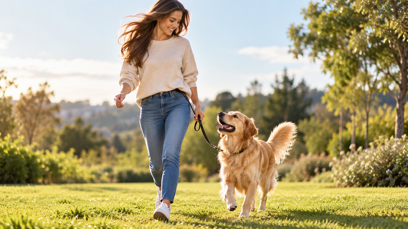 A woman walking a happy golden retriever on a leash in a sunny park