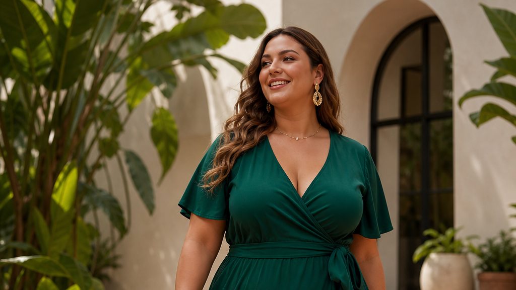 Curve model in a green wrap maxi dress in a sunlit courtyard
