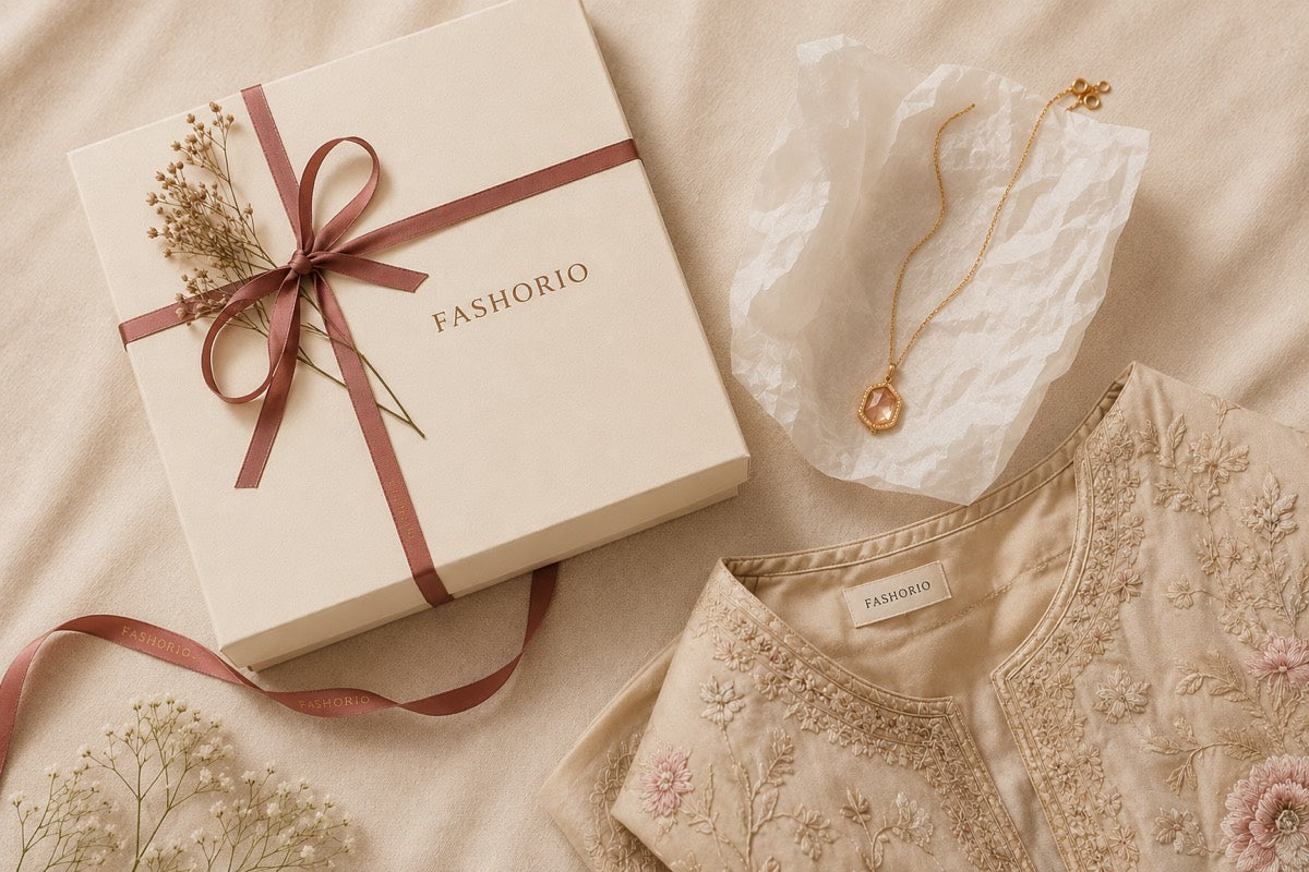 A wrapped Fashorio gift box with jewelry and an embroidered dress