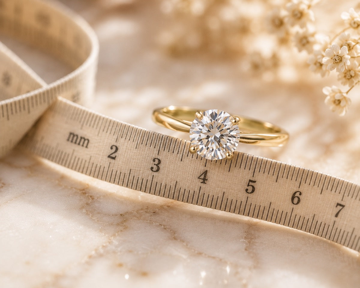 A moissanite ring on a millimeter measuring tape